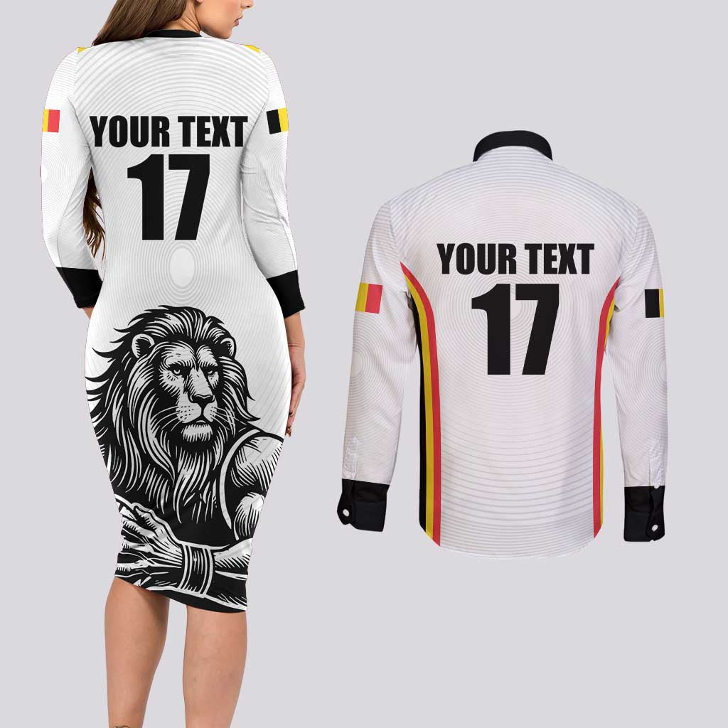 Custom Belgium Basketball Couples Matching Long Sleeve Bodycon Dress and Long Sleeve Button Shirt Lion Mascot Sporty Style