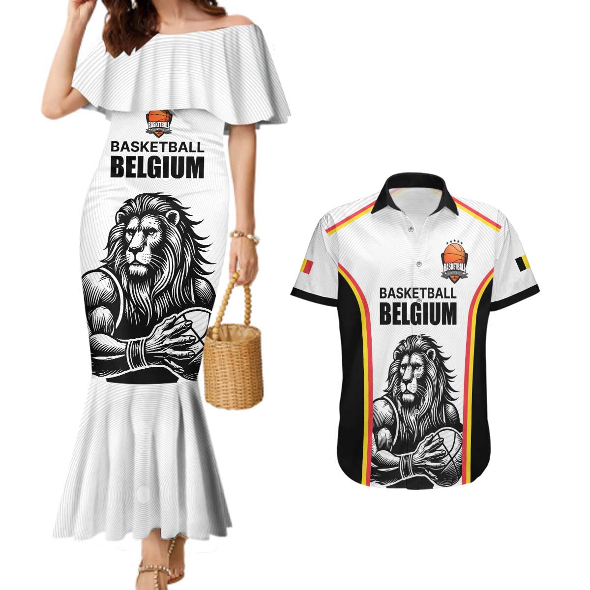 Custom Belgium Basketball Couples Matching Mermaid Dress and Hawaiian Shirt Lion Mascot Sporty Style