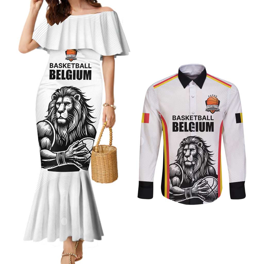 Custom Belgium Basketball Couples Matching Mermaid Dress and Long Sleeve Button Shirt Lion Mascot Sporty Style