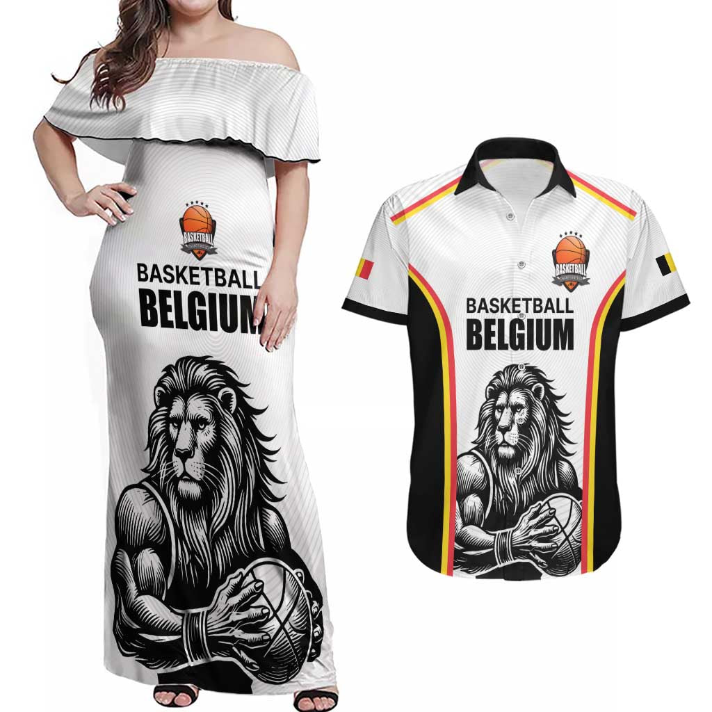 Custom Belgium Basketball Couples Matching Off Shoulder Maxi Dress and Hawaiian Shirt Lion Mascot Sporty Style
