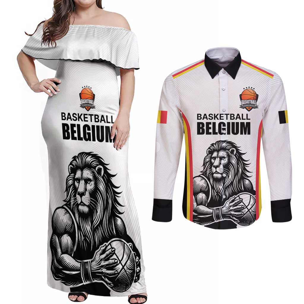 Custom Belgium Basketball Couples Matching Off Shoulder Maxi Dress and Long Sleeve Button Shirt Lion Mascot Sporty Style