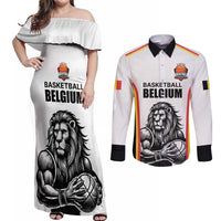 Custom Belgium Basketball Couples Matching Off Shoulder Maxi Dress and Long Sleeve Button Shirt Lion Mascot Sporty Style