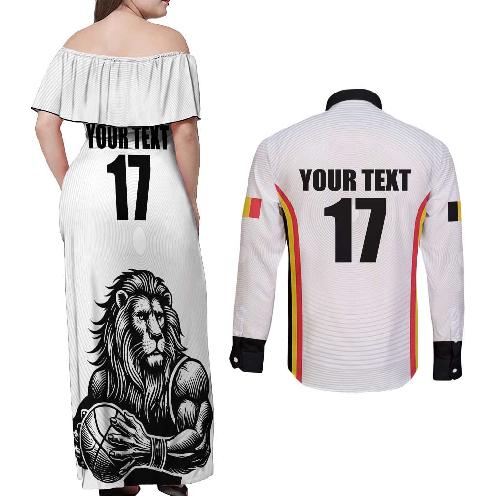 Custom Belgium Basketball Couples Matching Off Shoulder Maxi Dress and Long Sleeve Button Shirt Lion Mascot Sporty Style