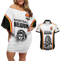 Custom Belgium Basketball Couples Matching Off Shoulder Short Dress and Hawaiian Shirt Lion Mascot Sporty Style