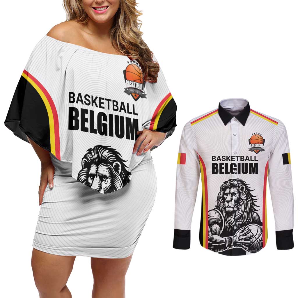 Custom Belgium Basketball Couples Matching Off Shoulder Short Dress and Long Sleeve Button Shirt Lion Mascot Sporty Style