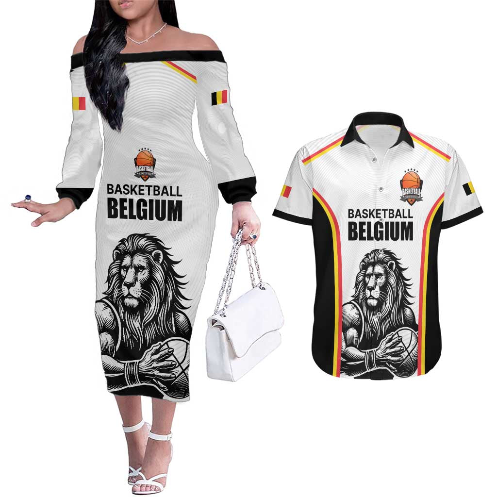 Custom Belgium Basketball Couples Matching Off The Shoulder Long Sleeve Dress and Hawaiian Shirt Lion Mascot Sporty Style