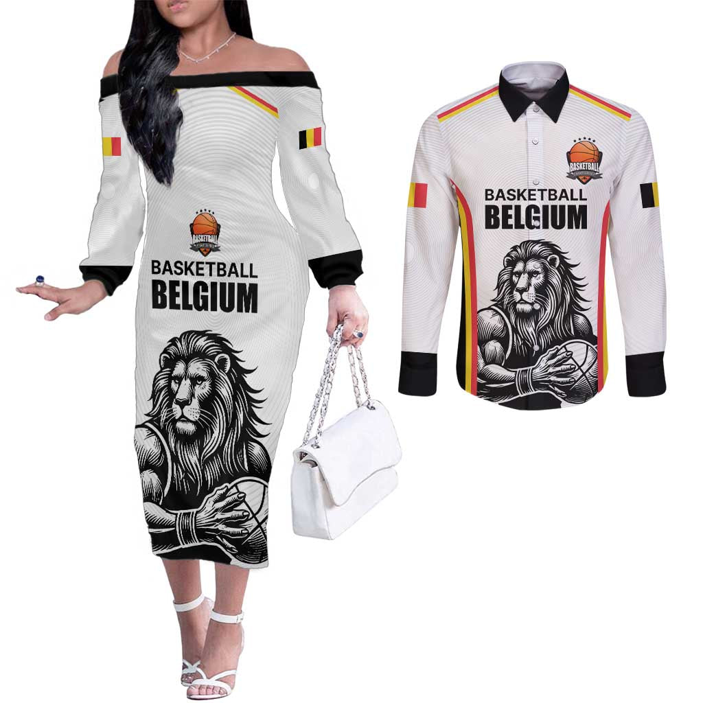 Custom Belgium Basketball Couples Matching Off The Shoulder Long Sleeve Dress and Long Sleeve Button Shirt Lion Mascot Sporty Style