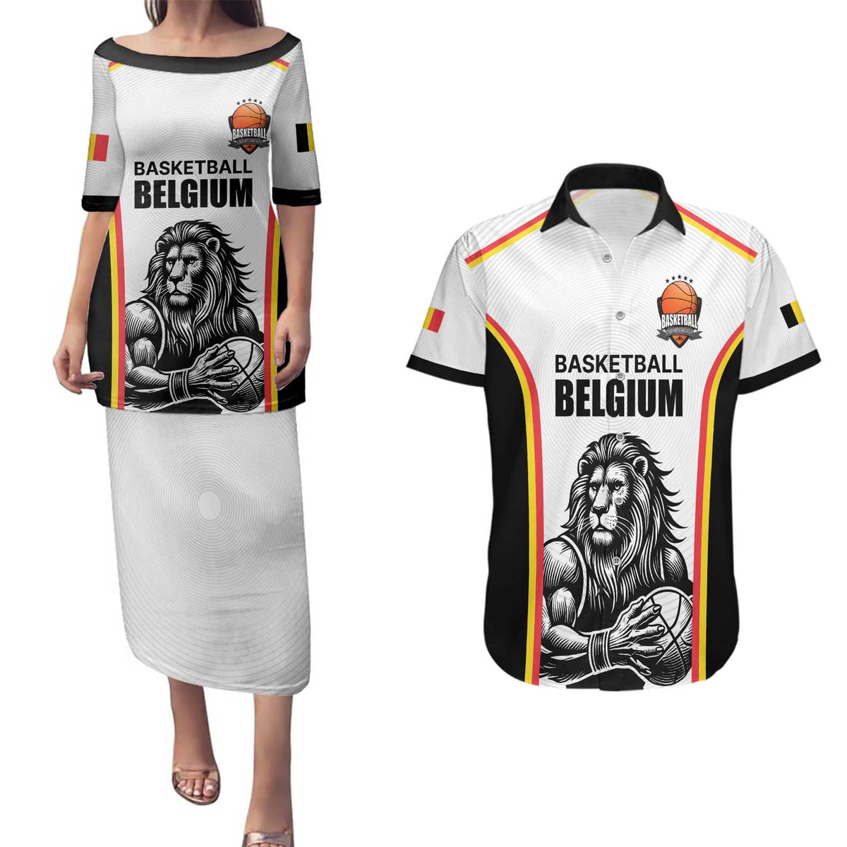 Custom Belgium Basketball Couples Matching Puletasi and Hawaiian Shirt Lion Mascot Sporty Style