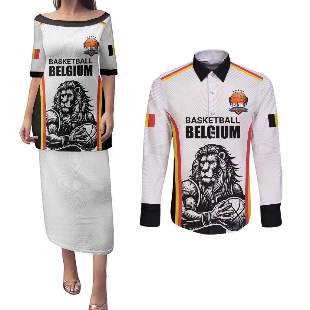 Custom Belgium Basketball Couples Matching Puletasi and Long Sleeve Button Shirt Lion Mascot Sporty Style