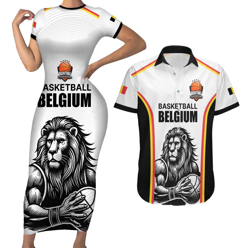Custom Belgium Basketball Couples Matching Short Sleeve Bodycon Dress and Hawaiian Shirt Lion Mascot Sporty Style