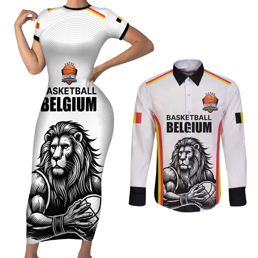 Custom Belgium Basketball Couples Matching Short Sleeve Bodycon Dress and Long Sleeve Button Shirt Lion Mascot Sporty Style