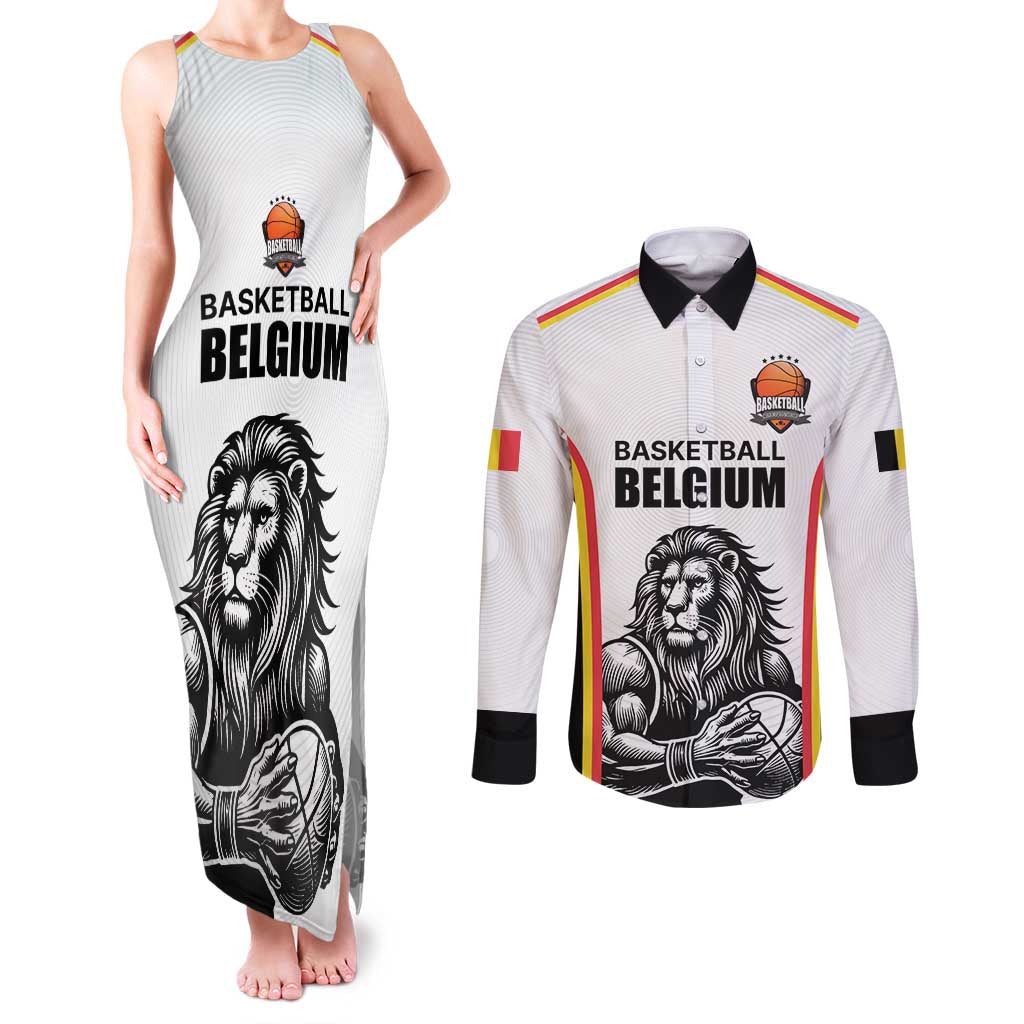 Custom Belgium Basketball Couples Matching Tank Maxi Dress and Long Sleeve Button Shirt Lion Mascot Sporty Style