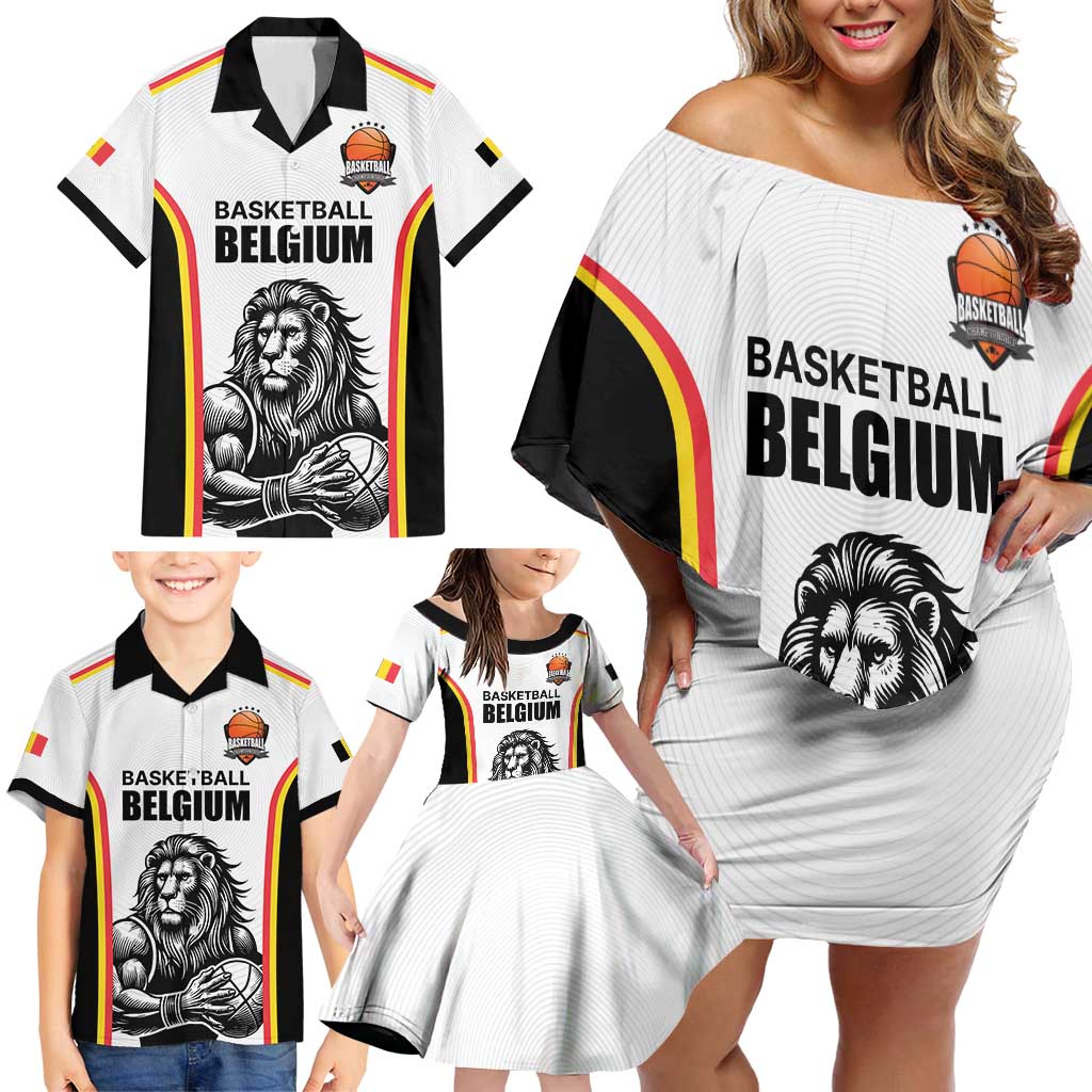 Custom Belgium Basketball Family Matching Off Shoulder Short Dress and Hawaiian Shirt Lion Mascot Sporty Style