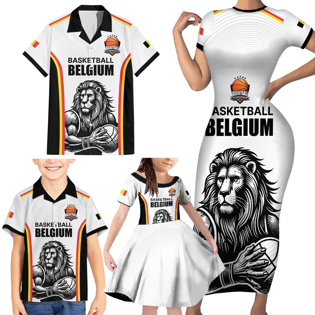 Custom Belgium Basketball Family Matching Short Sleeve Bodycon Dress and Hawaiian Shirt Lion Mascot Sporty Style