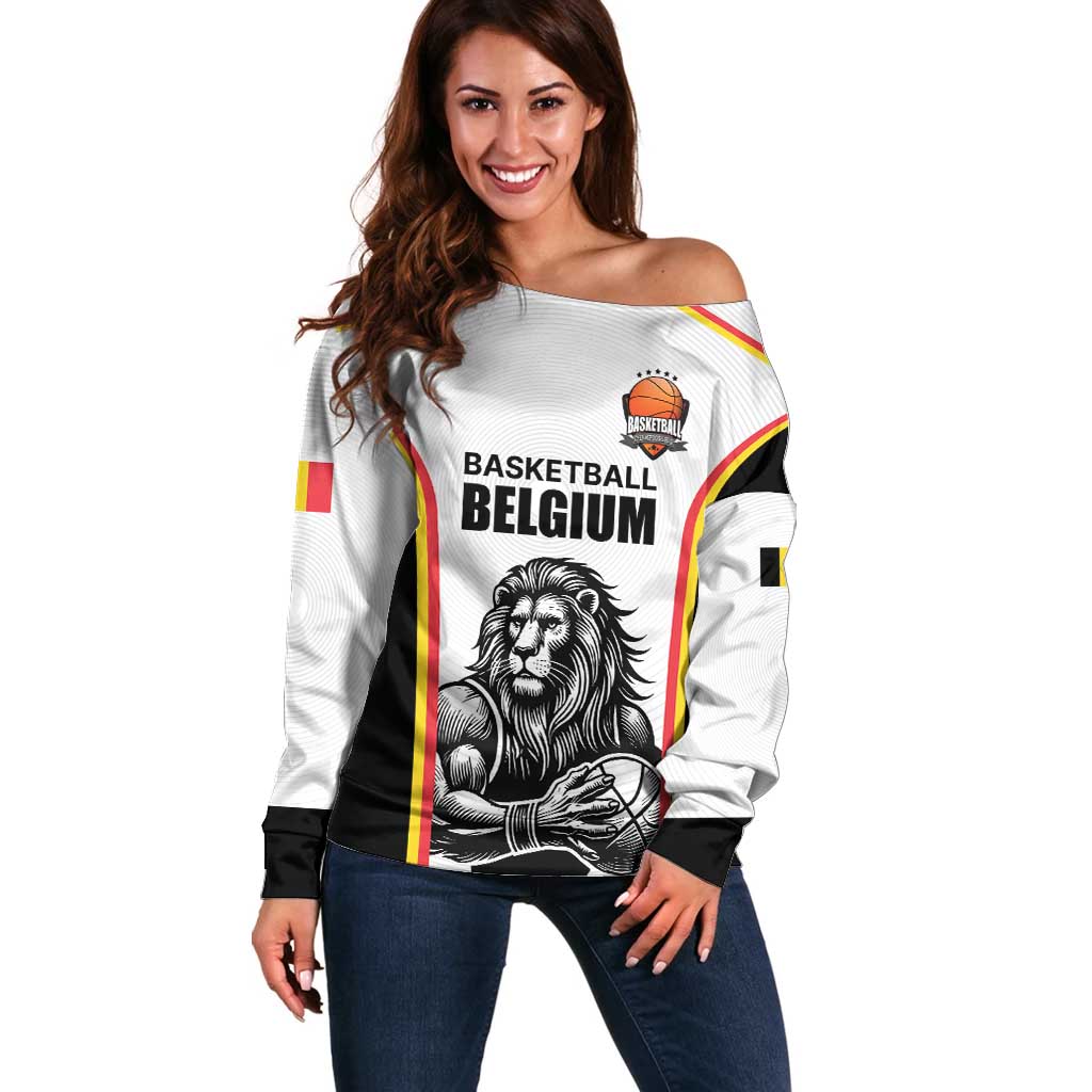 Custom Belgium Basketball Off Shoulder Sweater Lion Mascot Sporty Style