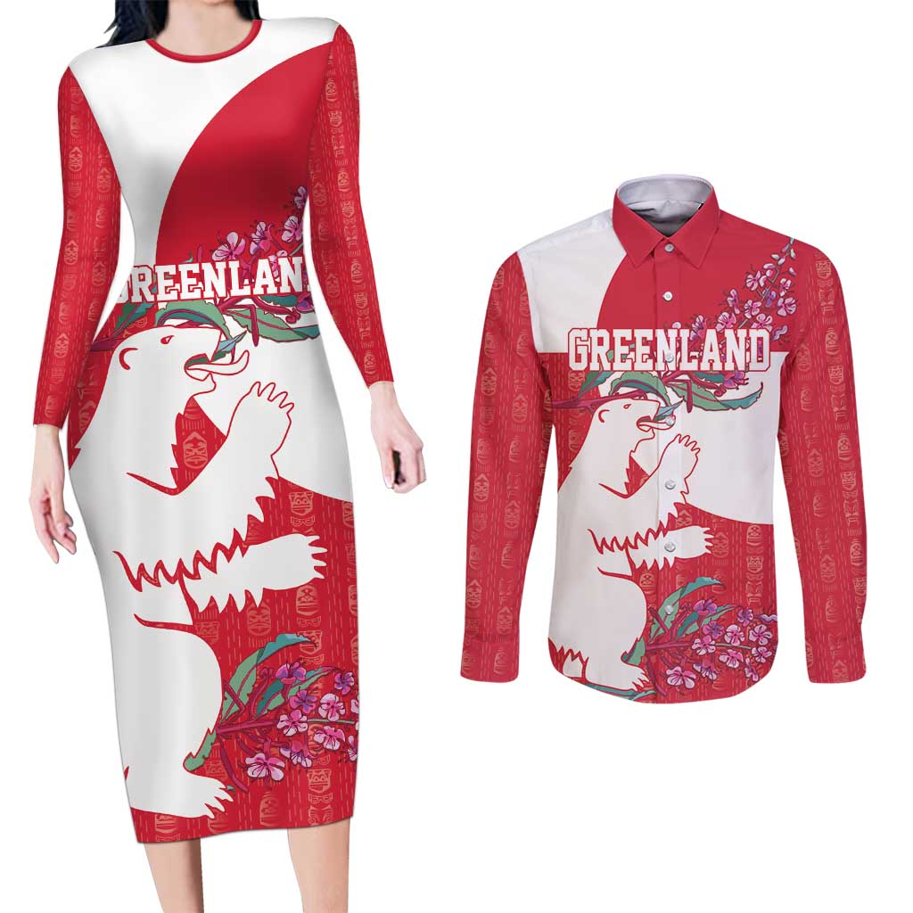 Greenland Flag Style Couples Matching Long Sleeve Bodycon Dress and Long Sleeve Button Shirt Polar Pear