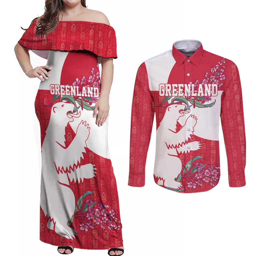 Greenland Flag Style Couples Matching Off Shoulder Maxi Dress and Long Sleeve Button Shirt Polar Pear
