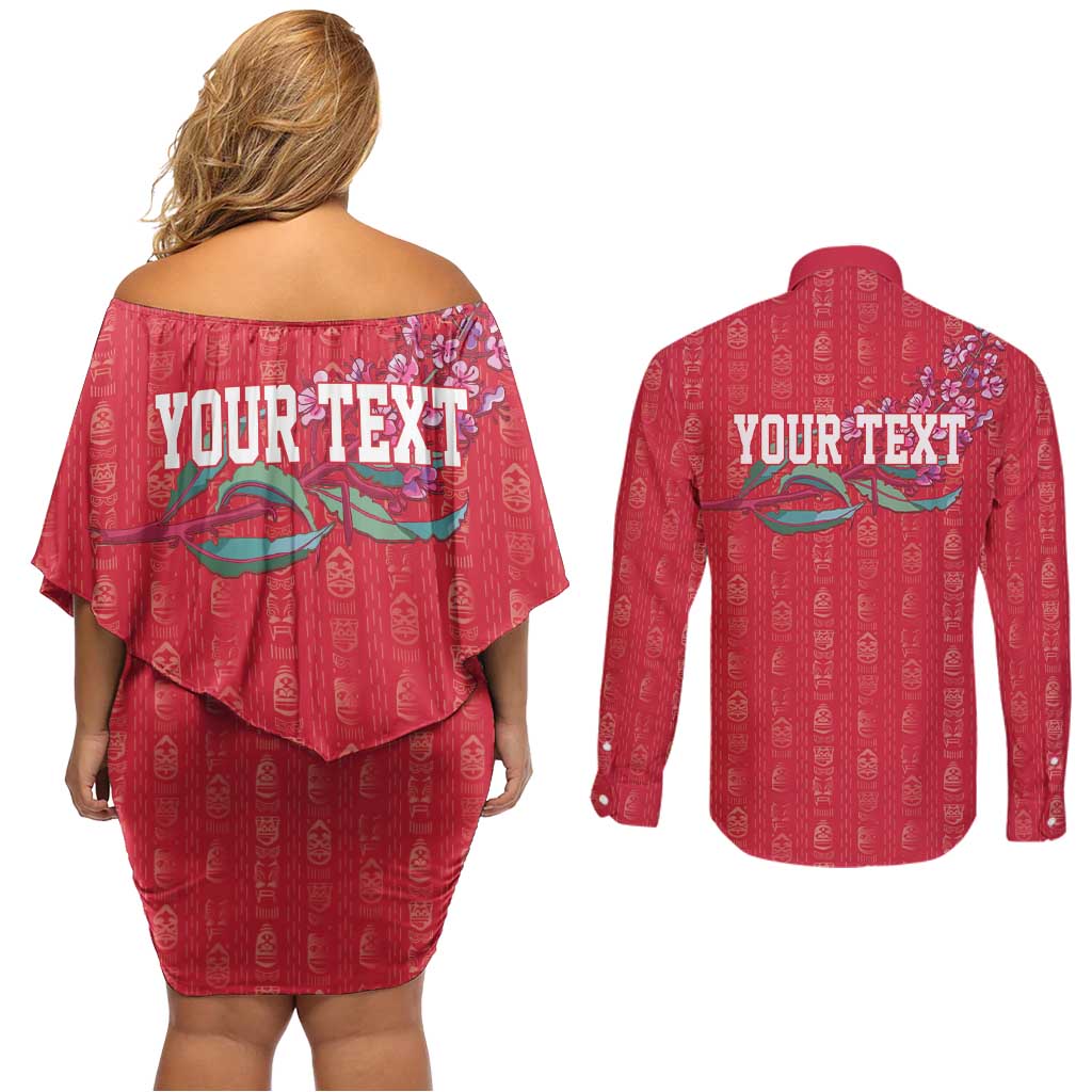 Greenland Flag Style Couples Matching Off Shoulder Short Dress and Long Sleeve Button Shirt Polar Pear