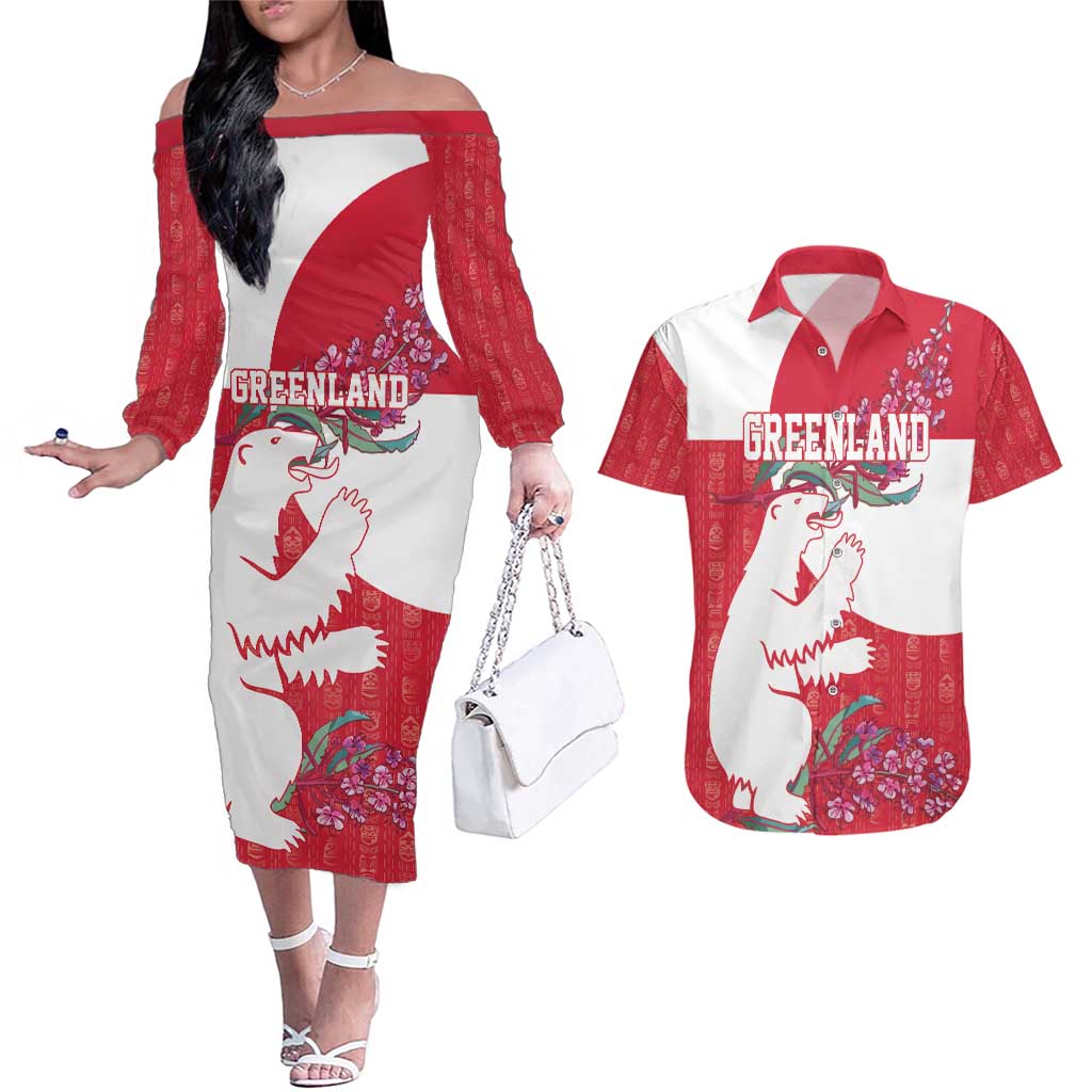 Greenland Flag Style Couples Matching Off The Shoulder Long Sleeve Dress and Hawaiian Shirt Polar Pear