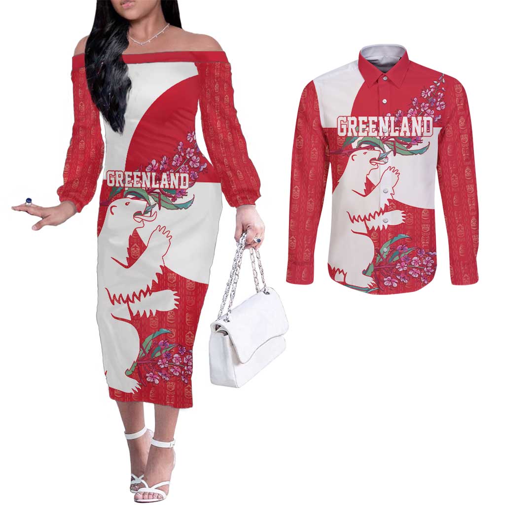 Greenland Flag Style Couples Matching Off The Shoulder Long Sleeve Dress and Long Sleeve Button Shirt Polar Pear