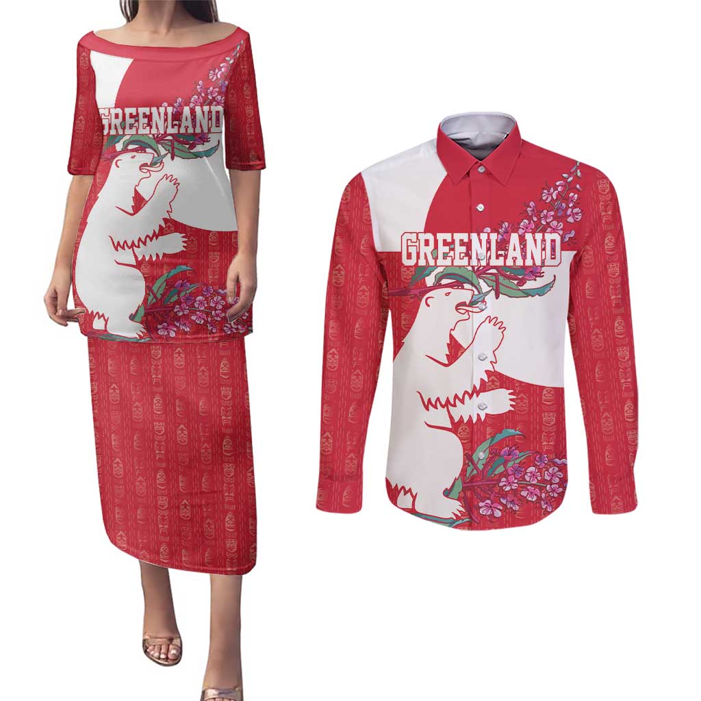 Greenland Flag Style Couples Matching Puletasi and Long Sleeve Button Shirt Polar Pear