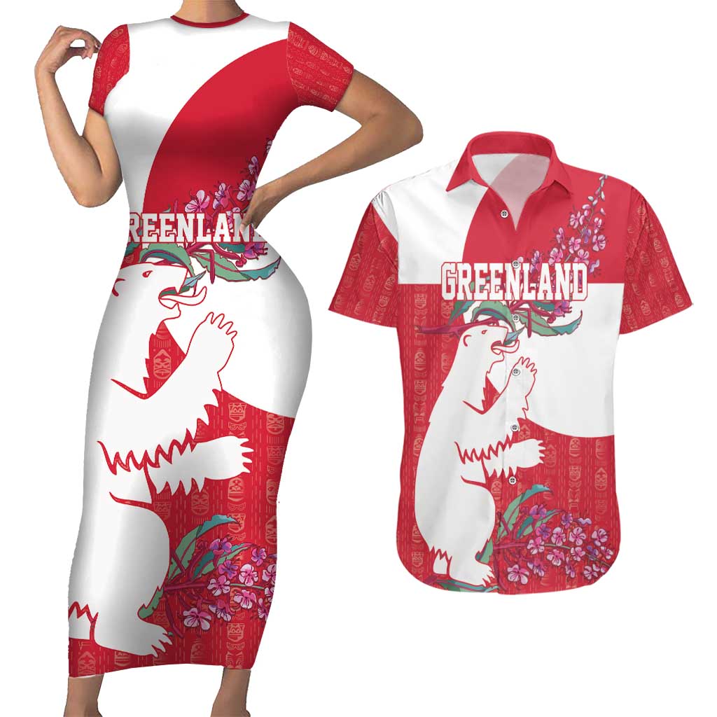Greenland Flag Style Couples Matching Short Sleeve Bodycon Dress and Hawaiian Shirt Polar Pear