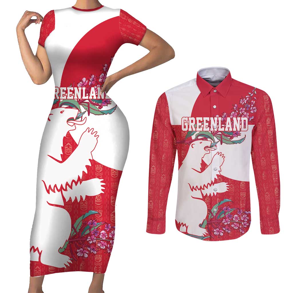 Greenland Flag Style Couples Matching Short Sleeve Bodycon Dress and Long Sleeve Button Shirt Polar Pear