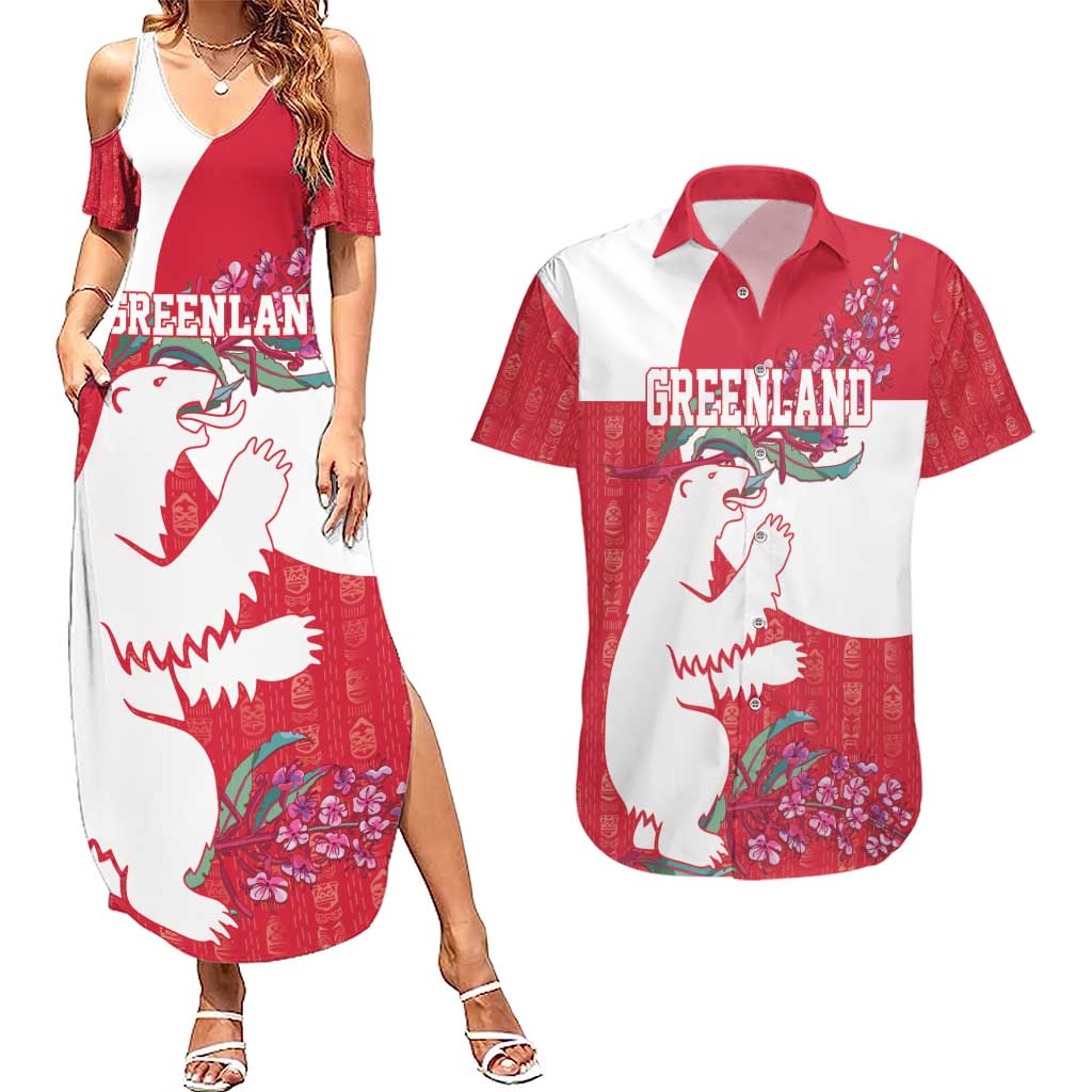 Greenland Flag Style Couples Matching Summer Maxi Dress and Hawaiian Shirt Polar Pear
