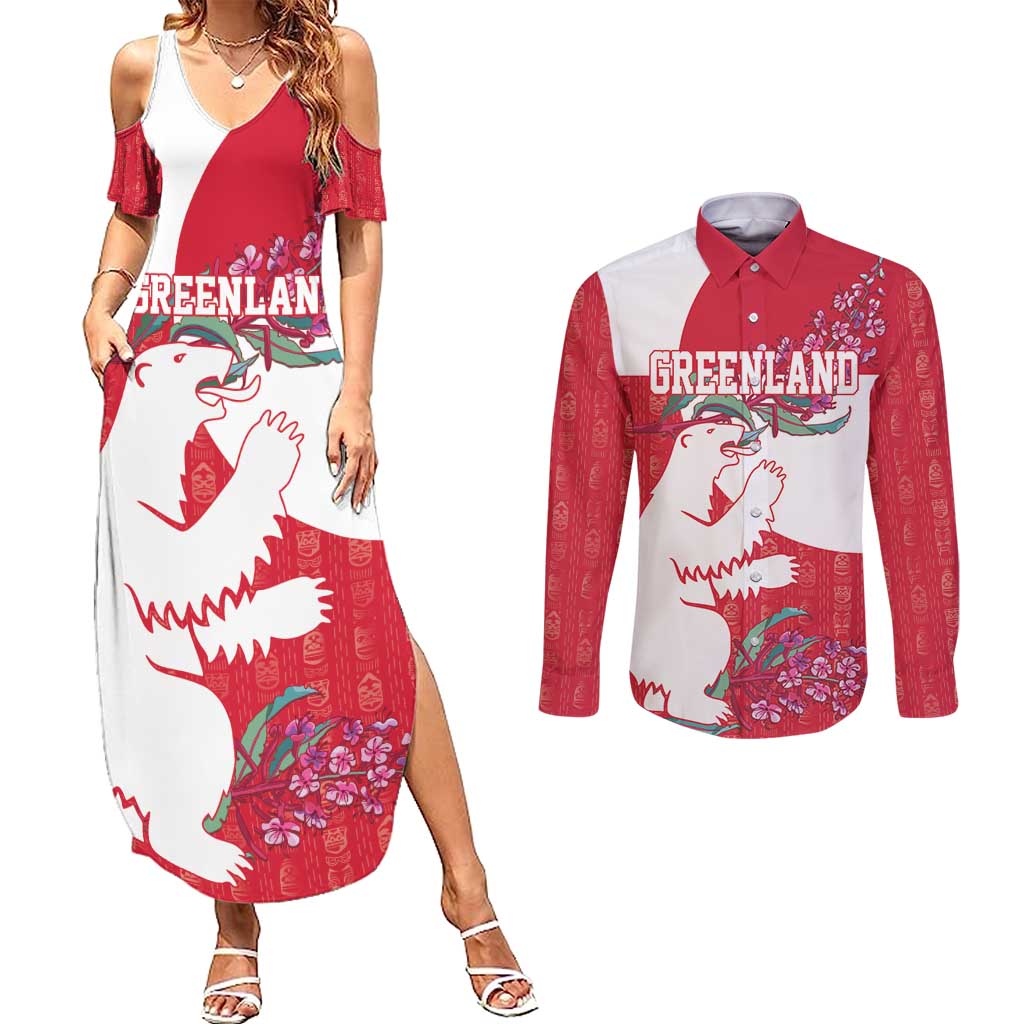 Greenland Flag Style Couples Matching Summer Maxi Dress and Long Sleeve Button Shirt Polar Pear
