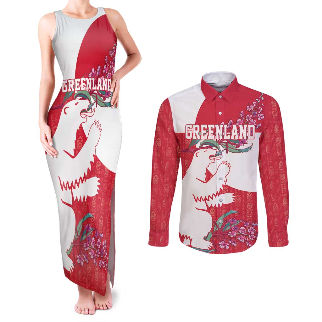 Greenland Flag Style Couples Matching Tank Maxi Dress and Long Sleeve Button Shirt Polar Pear