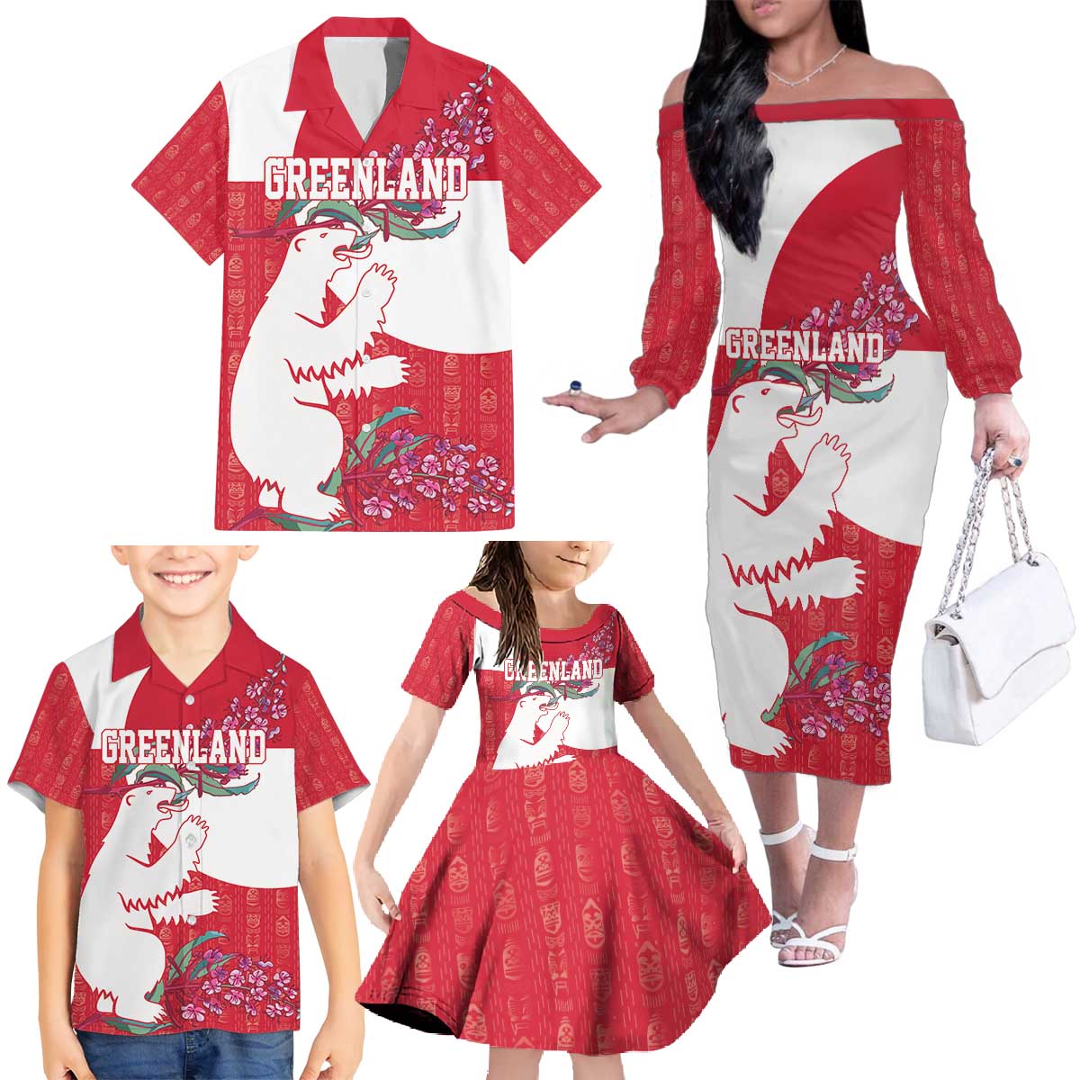 Greenland Flag Style Family Matching Off The Shoulder Long Sleeve Dress and Hawaiian Shirt Polar Pear