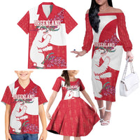 Greenland Flag Style Family Matching Off The Shoulder Long Sleeve Dress and Hawaiian Shirt Polar Pear