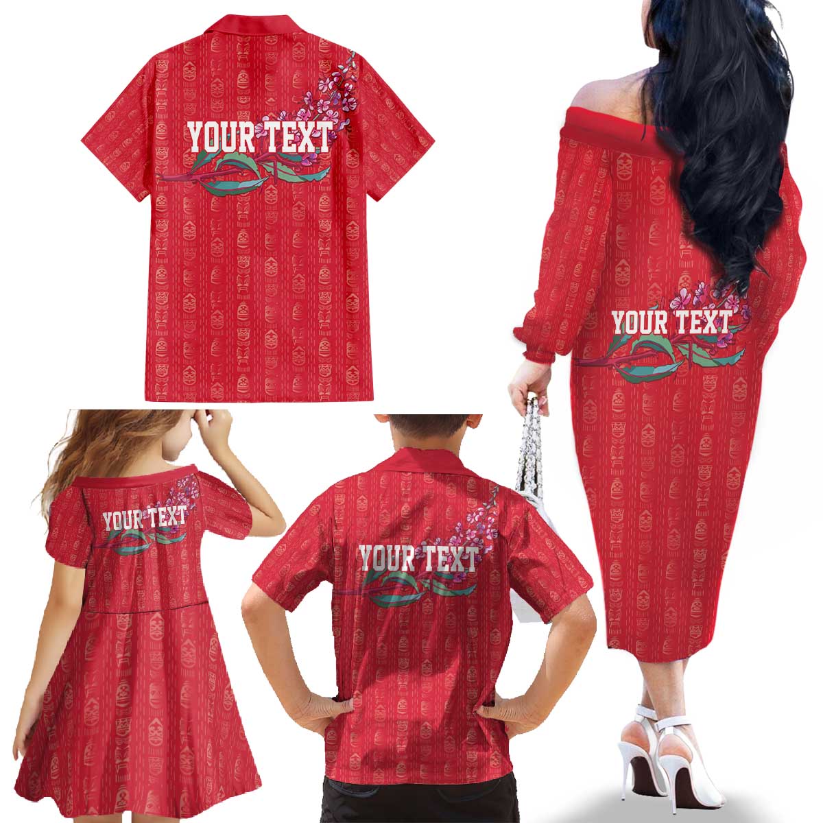 Greenland Flag Style Family Matching Off The Shoulder Long Sleeve Dress and Hawaiian Shirt Polar Pear