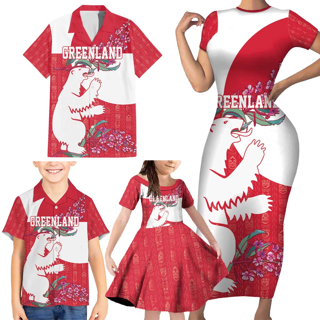 Greenland Flag Style Family Matching Short Sleeve Bodycon Dress and Hawaiian Shirt Polar Pear