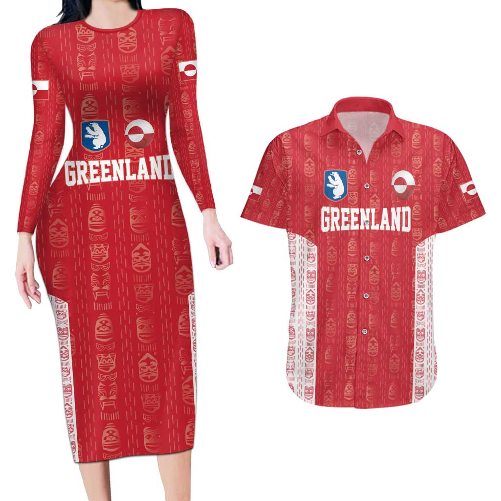Custom Greenland Football 2024-25 Couples Matching Long Sleeve Bodycon Dress and Hawaiian Shirt Tupilaq Pattern