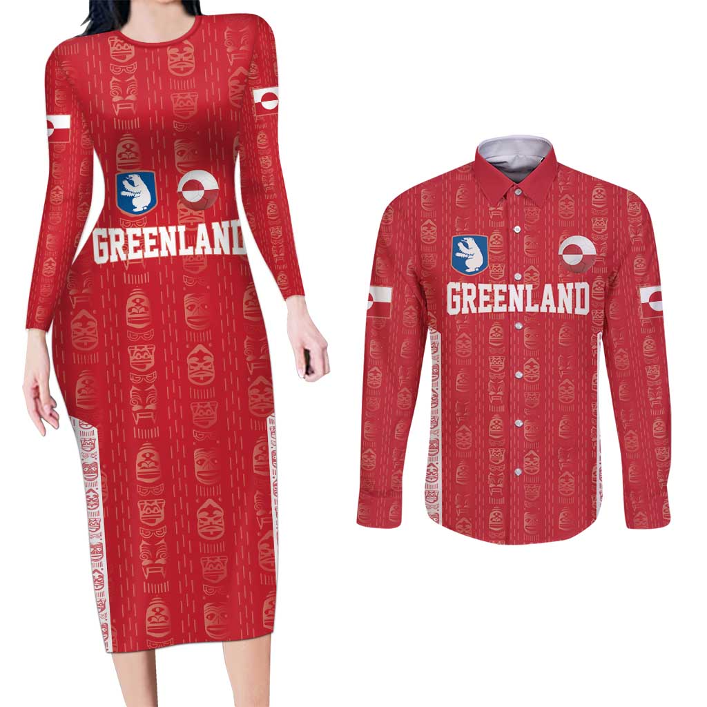 Custom Greenland Football 2024-25 Couples Matching Long Sleeve Bodycon Dress and Long Sleeve Button Shirt Tupilaq Pattern