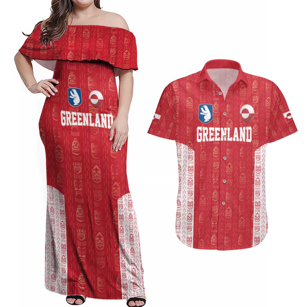 Custom Greenland Football 2024-25 Couples Matching Off Shoulder Maxi Dress and Hawaiian Shirt Tupilaq Pattern