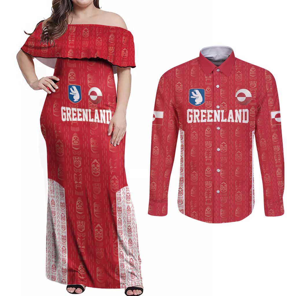 Custom Greenland Football 2024-25 Couples Matching Off Shoulder Maxi Dress and Long Sleeve Button Shirt Tupilaq Pattern