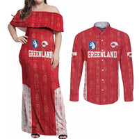 Custom Greenland Football 2024-25 Couples Matching Off Shoulder Maxi Dress and Long Sleeve Button Shirt Tupilaq Pattern
