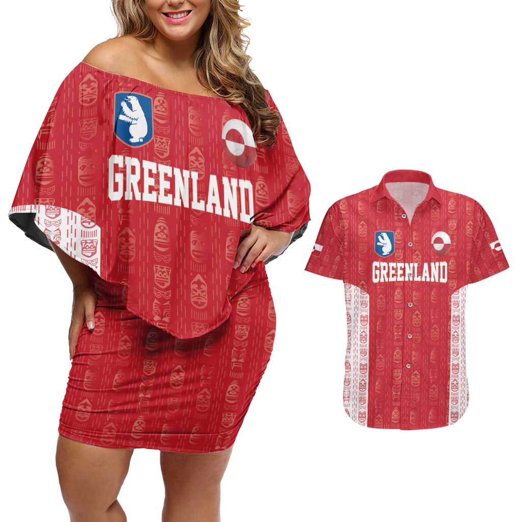 Custom Greenland Football 2024-25 Couples Matching Off Shoulder Short Dress and Hawaiian Shirt Tupilaq Pattern