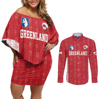Custom Greenland Football 2024-25 Couples Matching Off Shoulder Short Dress and Long Sleeve Button Shirt Tupilaq Pattern