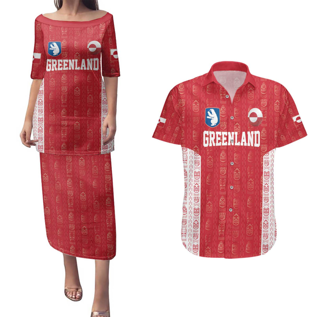 Custom Greenland Football 2024-25 Couples Matching Puletasi and Hawaiian Shirt Tupilaq Pattern