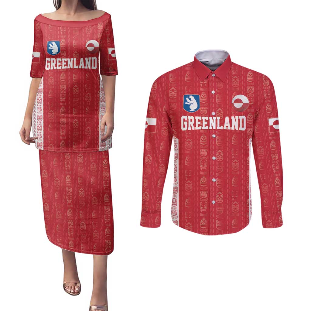 Custom Greenland Football 2024-25 Couples Matching Puletasi and Long Sleeve Button Shirt Tupilaq Pattern