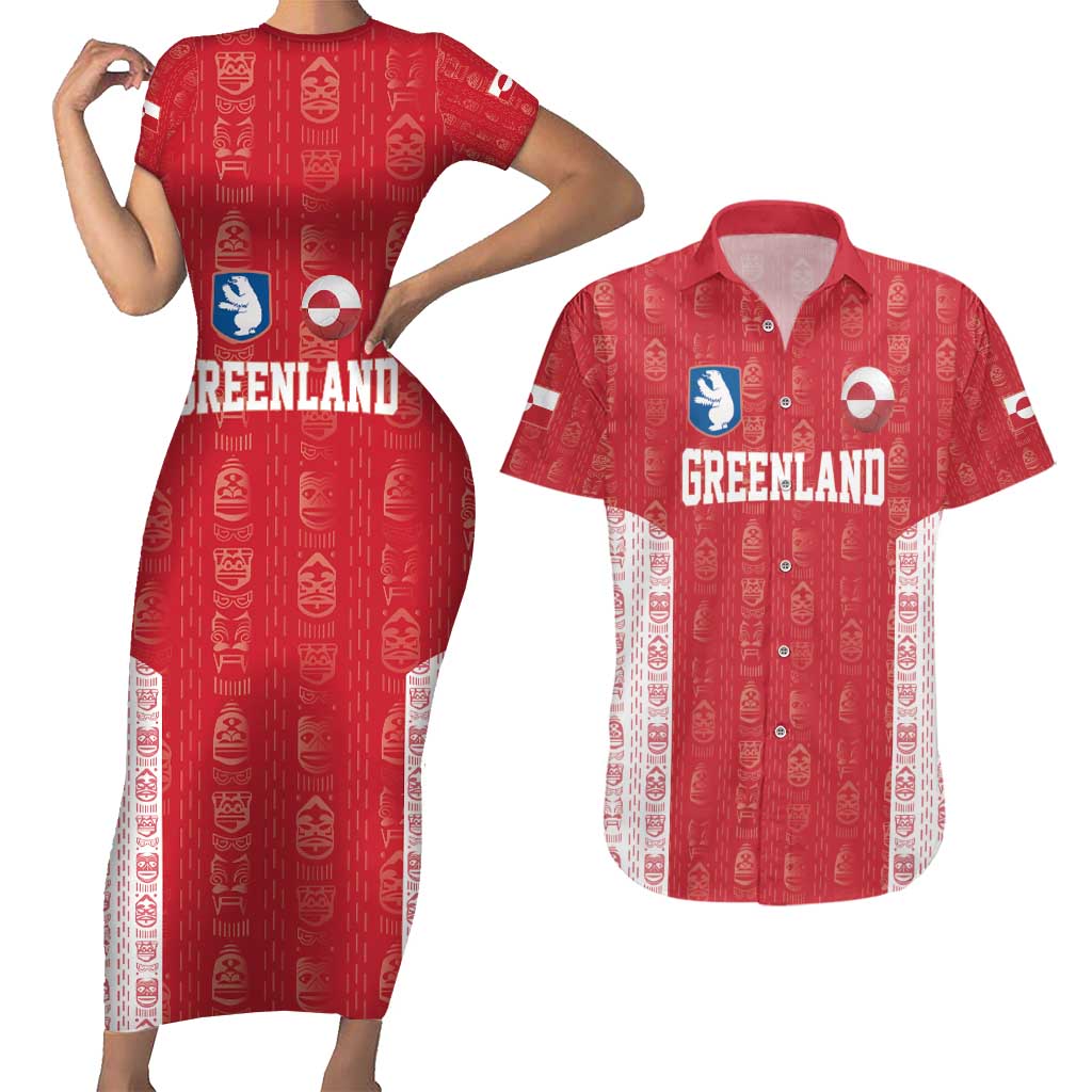 Custom Greenland Football 2024-25 Couples Matching Short Sleeve Bodycon Dress and Hawaiian Shirt Tupilaq Pattern