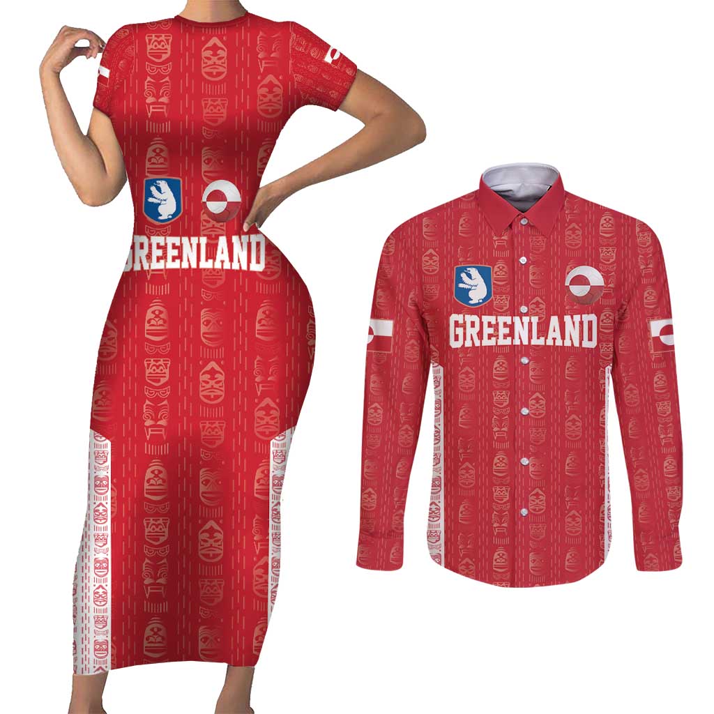 Custom Greenland Football 2024-25 Couples Matching Short Sleeve Bodycon Dress and Long Sleeve Button Shirt Tupilaq Pattern