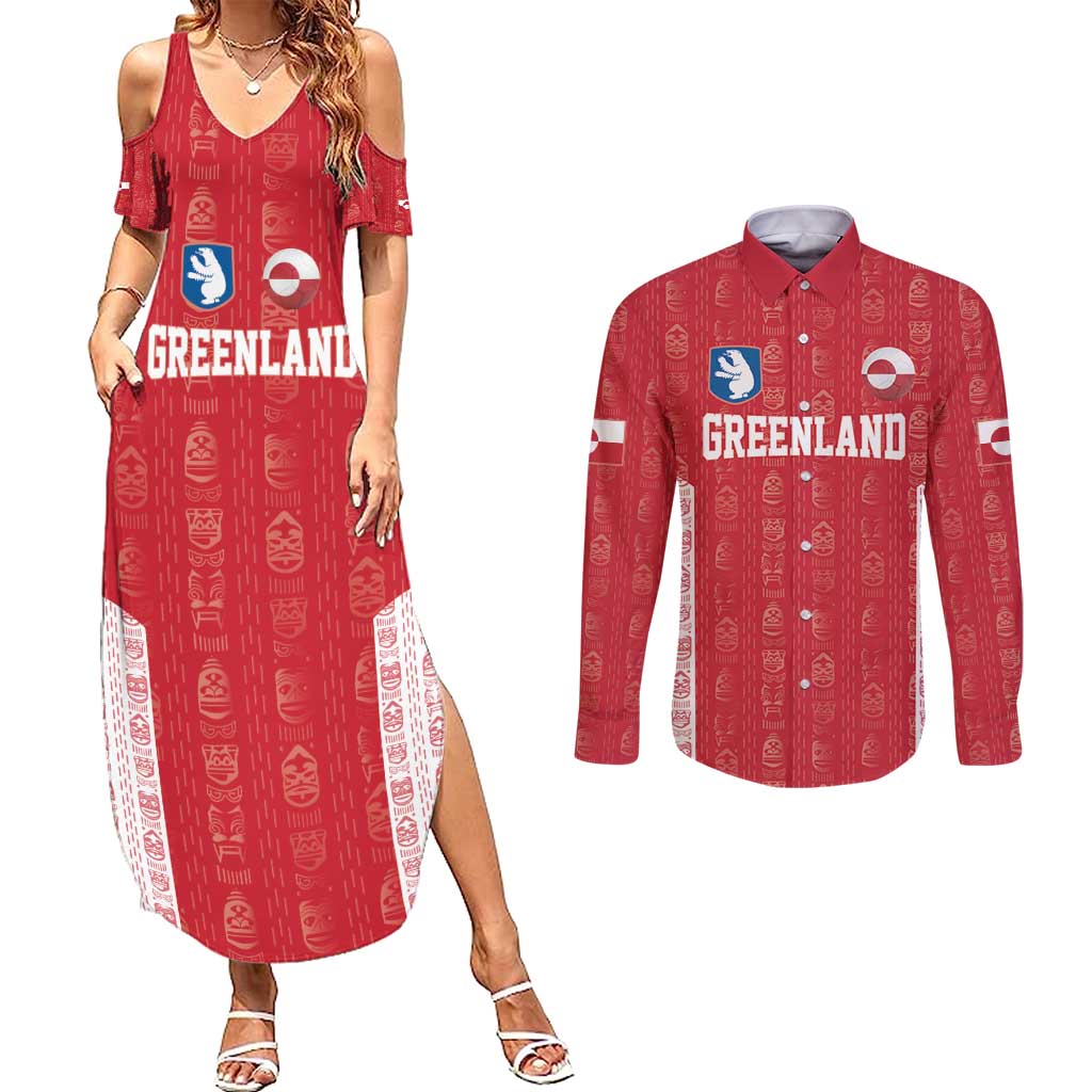 Custom Greenland Football 2024-25 Couples Matching Summer Maxi Dress and Long Sleeve Button Shirt Tupilaq Pattern