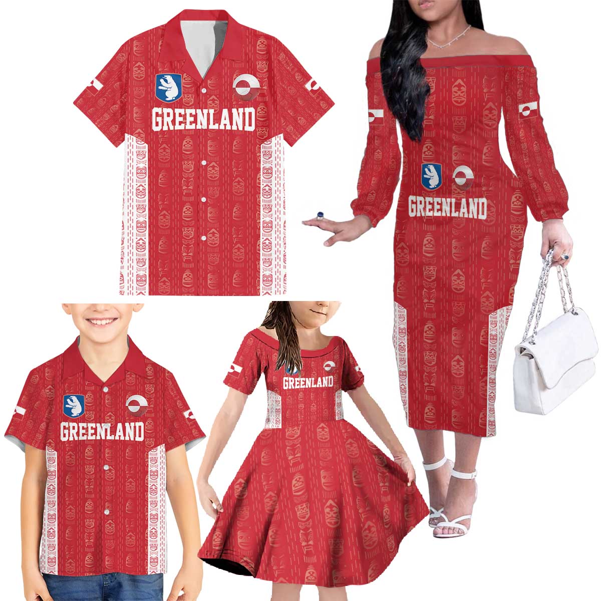Custom Greenland Football 2024-25 Family Matching Off The Shoulder Long Sleeve Dress and Hawaiian Shirt Tupilaq Pattern