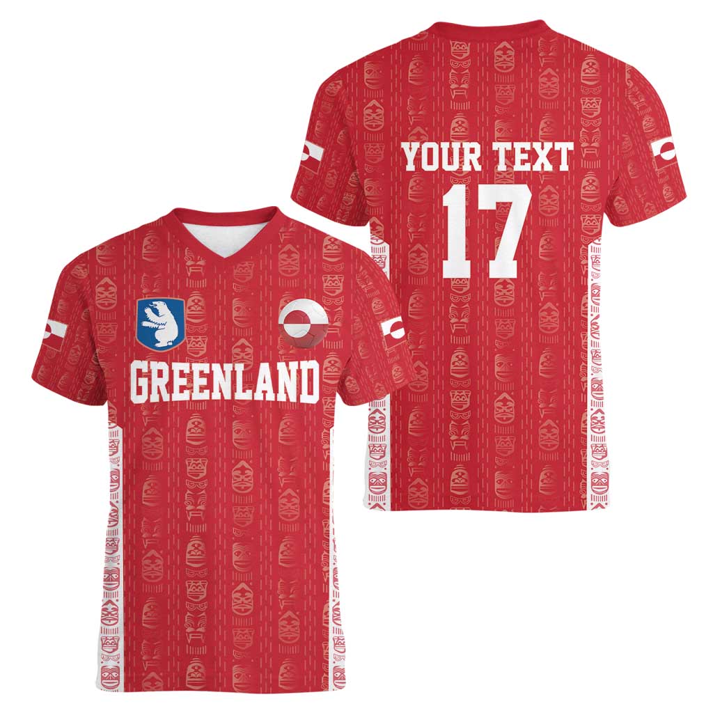 Custom Greenland Football 2024-25 Women V-Neck T-Shirt Tupilaq Pattern