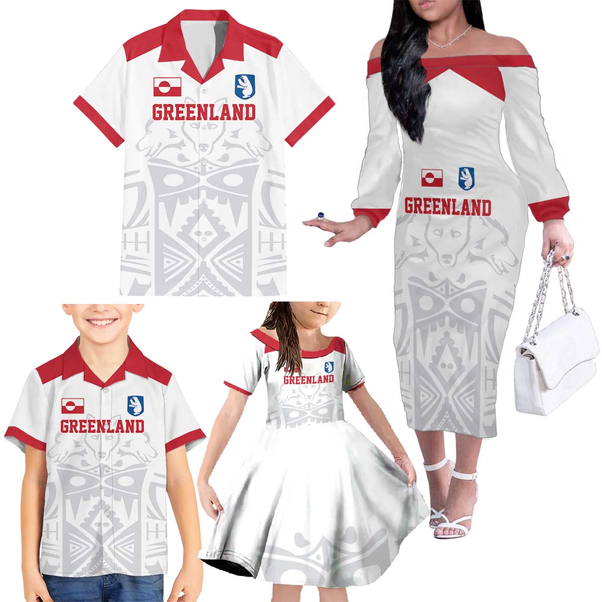 Custom Greenland Football Family Matching Off The Shoulder Long Sleeve Dress and Hawaiian Shirt Polar-Bamserne 2022 Version