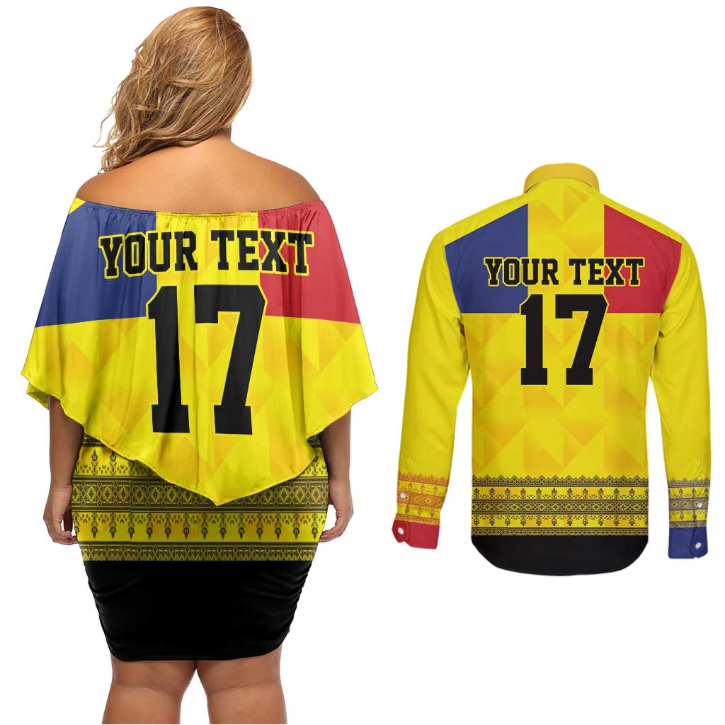 Custom Romania Rugby Go Champions Couples Matching Off Shoulder Short Dress and Long Sleeve Button Shirt Romanian Traditional Patern